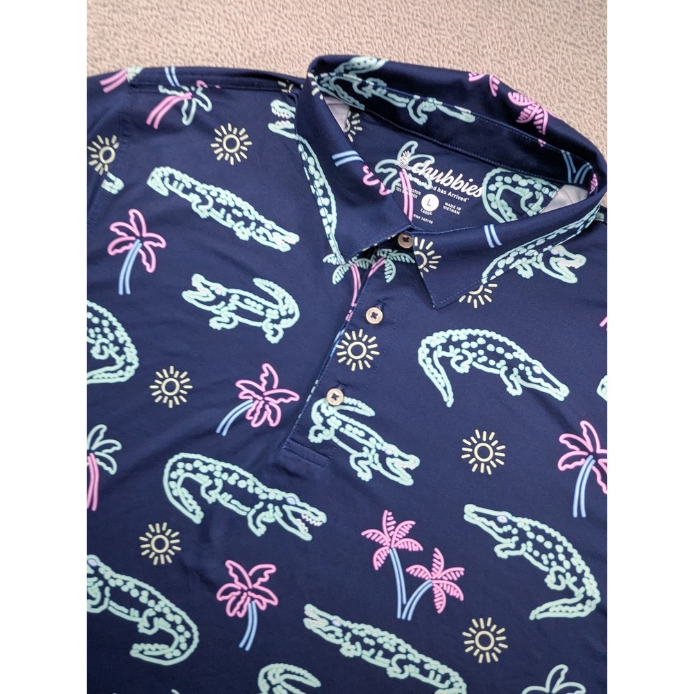 Chubbies Mens Large Navy Neon Alligator Palm Tree Performance Golf Polo Shirt